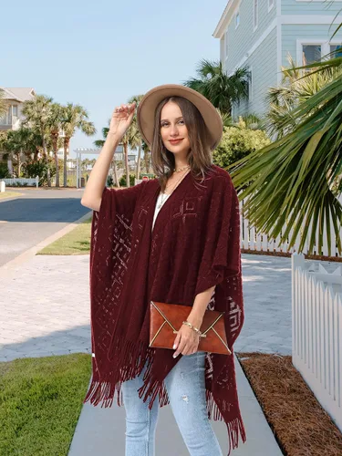 Vista 23 de Soul Young - Chal de punto para mujer, poncho con flecos y capa