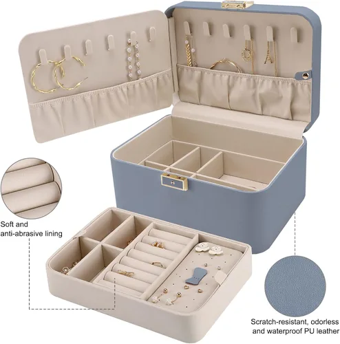 Vista 4 de KAMIER Caja organizadora de joyas, 2 capas de piel sintética, gran capacidad, doble cerradura y espejo grande, ganchos ocultos para collares