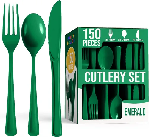 Vista 8 de Party Solids Cubiertos de plástico negro resistente, 150 piezas, cubiertos desechables negros, juegos de utensilios, 50 de cada tenedor, cuchillos