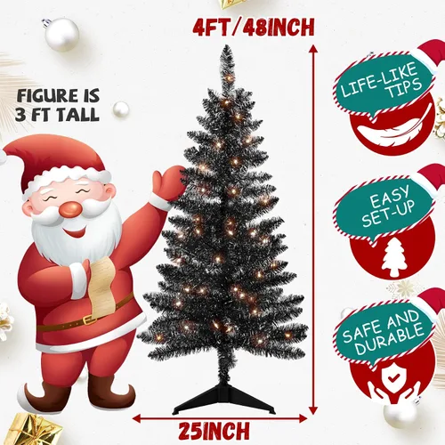 Vista 5 de Liguanow Árbol de Navidad artificial de 4 pies completamente negro con luces separadas, no preiluminado, mini árbol de Navidad de oropel negro, 50