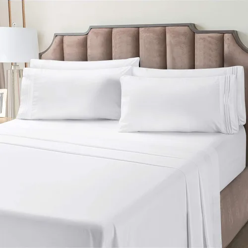 Vista 2 de BYSURE Juego de sábanas de hotel con 4 fundas de almohada bordadas (tamaño King, blanco brillante), sábanas de microfibra de bolsillo profundo de 15