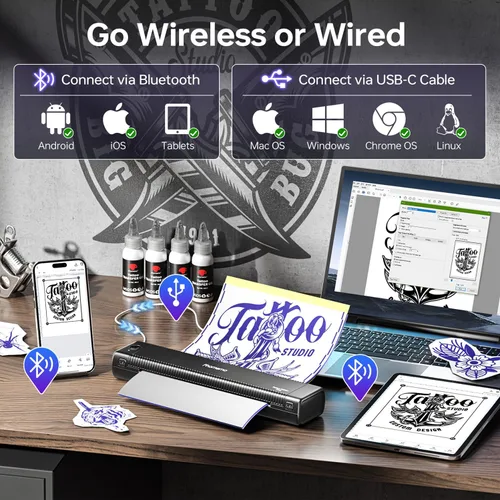 Vista 6 de Phomemo Impresora de plantillas de tatuaje actualizada, TP81 impresora de tatuaje Bluetooth con 10 piezas de papel de transferencia, compatible