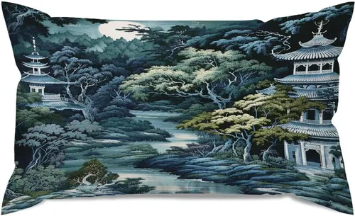 Vista 28 de Chinoiserie - Fundas de almohada decorativas de porcelana azul y blanca con patrón de edificios de estilo chino de 12 x 20 pulgadas, fundas de cojín