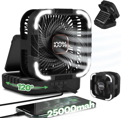 Vista 12 de Ventilador Solar de Camping de 22000mAh, Ventilador Solar Recargable de Doble Panel con Luz LED, 5 Velocidades Ajustables Ventiladores Portátiles