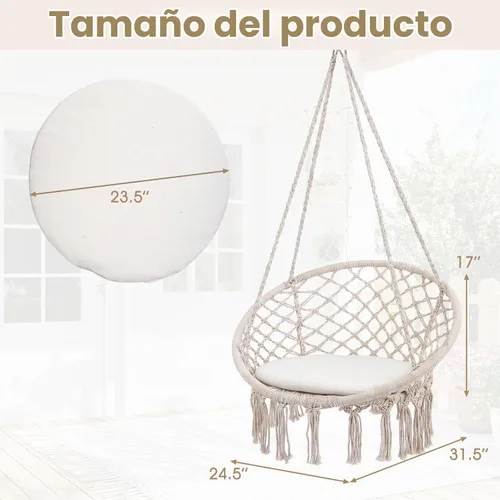 Vista 8 de Happygrill Silla de columpio, hamaca de macramé con cojín de asiento redondo, cuerdas de algodón de poliéster resistentes y anillos de metal Beige