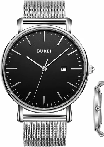 Vista 15 de BUREI Relojes de pulsera para hombre, relojes minimalistas de moda, analógicos de cuarzo, impermeables para hombres Banda negra negra