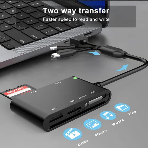 Vista 7 de Lector de tarjetas inteligentes 7 en 1 con conectividad de 3 puertos - Lightning/USB-C/USB-A Lector de tarjetas CAC y PIV, SD/TF/MS Pro