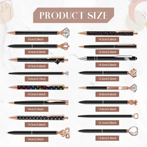 Vista 2 de Colarr Juego de 16 bolígrafos con purpurina de diamante de cristal, bonito juego de bolígrafos de metal para diario, tinta negra retráctil, regalos