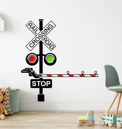 Vista 2 de Calcomanía de pared con luces de cruce de tren de ferrocarril, calcomanías de pared para guardería, decoración de pared de ferrocarril de tren