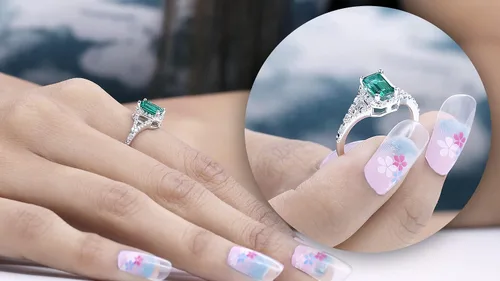 Vista 4 de Dazzlingrock Collection 7x5mm Emerald Cut Lab Created Emerald & Round White Diamond Halo Split Shank Engagement Ring for Women in 925 Sterling Silver