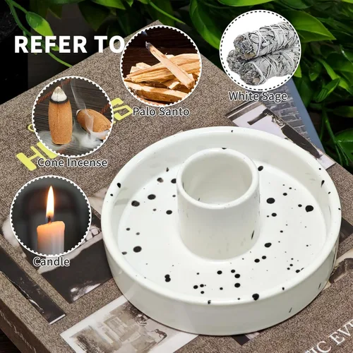 Vista 4 de Gute Soporte de cerámica de Palo Santo, hecho a mano, colector de cenizas moteadas blancas, quemador de incienso para palitos de palo santo, salvia