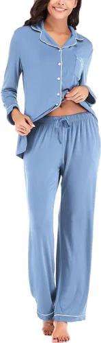 Vista 4 de Aamikast - Conjunto de pijama de manga larga con botones para mujer, ropa de dormir suave, conjuntos de descanso