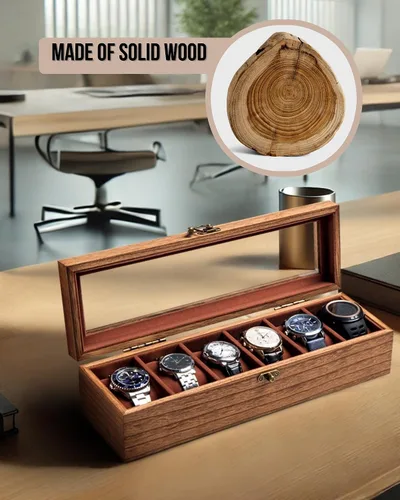 Vista 7 de Caja de reloj para hombres y mujeres, tapa de cristal grande, caja de almacenamiento de madera con 6 ranuras, organizador retro Burlywood