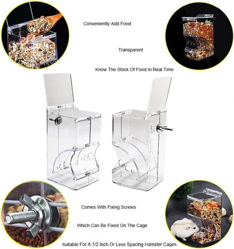 Vista 4 de Comedero para hámsters, dispensador automático de animales pequeños, acrílico transparente, recipiente de almacenamiento de alimentos para mascotas