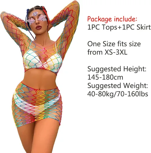 Vista 7 de Traje de baño para mujer, bikini de malla, ropa de baile, conjunto de red de arcoíris, talla libre para festivales de baile, vestidos de playa