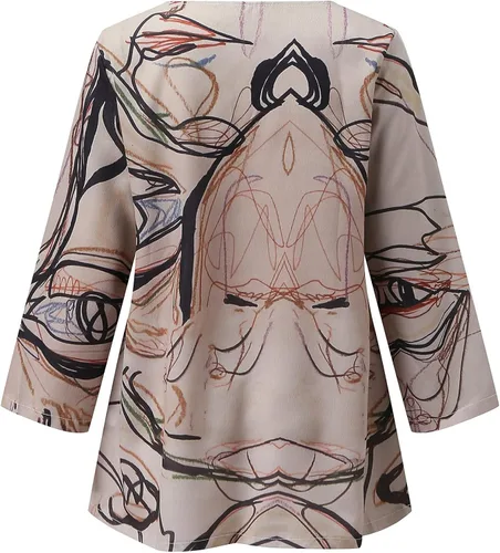 Vista 4 de FMCHICO Blusa de lino con cremallera suelta de manga 34 para mujer, con estampado de graffiti, dobladillo irregular, Beige