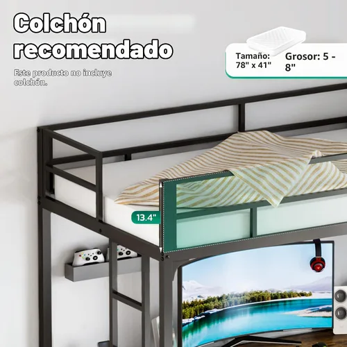 Vista 7 de Greenvelly Cama alta de metal con escritorio, cama individual tipo loft de tamaño matrimonial con enchufe de carga USB, luces LED, litera