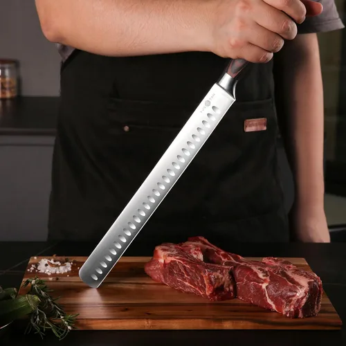 Vista 6 de Cuchillo para tallar pavo, cuchillo de barbacoa de acero inoxidable de alto carbono de 12 pulgadas con mango ergonómico de madera maciza, perfecto