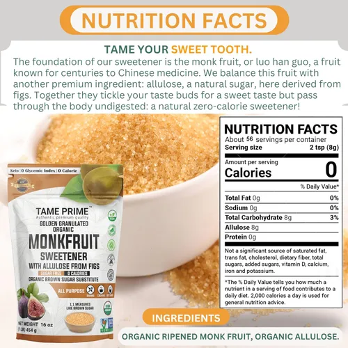 Vista 2 de Edulcorante orgánico de fruta de monje marrón con alulosa de higos, 1 libra (16.01 oz), 1:1 dulce como azúcar morena, fruta de monje orgánica sin