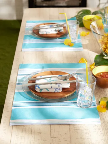 Vista 6 de DII - Colección de mesa de verano con rayas para exterior, uso múltiple, lavable a máquina, juego de manteles reversibles, 13x19, casa de playa