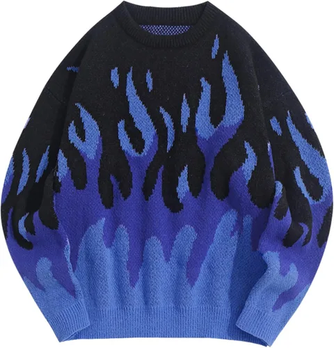 Vista 112 de ZAFUL Y2K - Suéter casual con estampado de llama estética para hombre, suéter de punto holgado, manga larga, cuello redondo