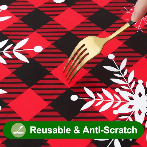 Vista 6 de Smiry Mantel de Navidad de plástico, a cuadros, impermeable, elástico, ajustable, mantel de vinilo con parte trasera de franela lavable para cena