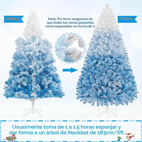 Vista 5 de Yaheetech - Árbol artificial de Navidad de 6 pies preiluminado con 250 luces incandescentes de color blanco cálido, con flecos nevados y soporte