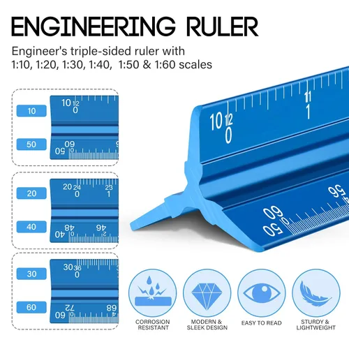 Vista 3 de Juego de 6 reglas de escala de ingeniería arquitectónica de 12 pulgadas, herramienta de dibujo triangular de aluminio con regla estándar de metal