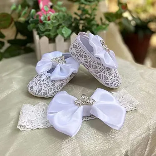 Vista 5 de Zapatos de bebé hechos a mano con diamantes brillantes con diadema, zapatos de cristal para recién nacidos, zapatos de perlas, zapatos