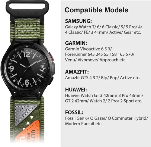 Vista 4 de ULTIMAL Correa de reloj de 0.787 pulgadas compatible con Samsung Galaxy Watch 7, 6, 5, 4, FE/6, 4, Classic/5 Pro, correa de nailon de liberación