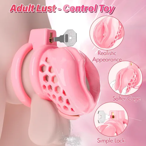 Vista 2 de Jaula de castidad masculina – Jaula de pene suave y ligera con vagina y clítoris realistas y anillos de 6 tamaños, cómodo dispositivo de castidad