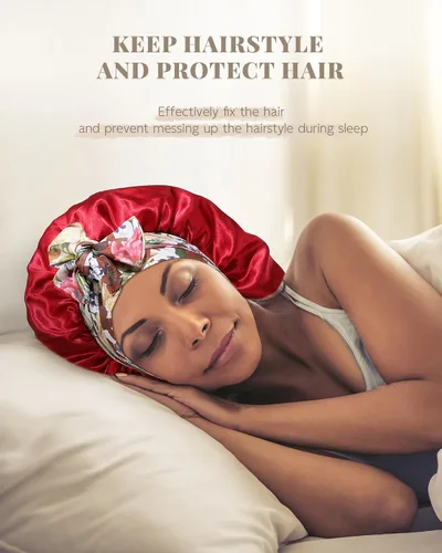 Vista 2 de Gorro largo de satén para trenzas, capó de seda para dormir, banda elástica para mujeres negras, cabello rizado