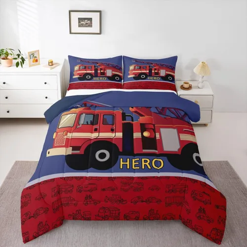 Vista 21 de Erosebridal Juego de edredón de camión de bomberos para niños, juego de ropa de cama de panal rojo brillante con diseño de panal de abeja