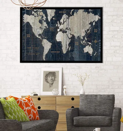 Vista 3 de Lienzo enmarcado para pared, diseño de mapa del viejo mundo azul