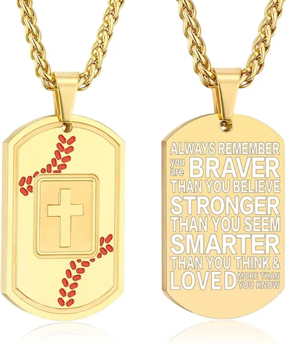 Vista 9 de Collar de cruz con versículo bíblico de béisbol, acero inoxidable, dije de cruz en tono negro/dorado/plateado, regalos religiosos, joyería deportiva