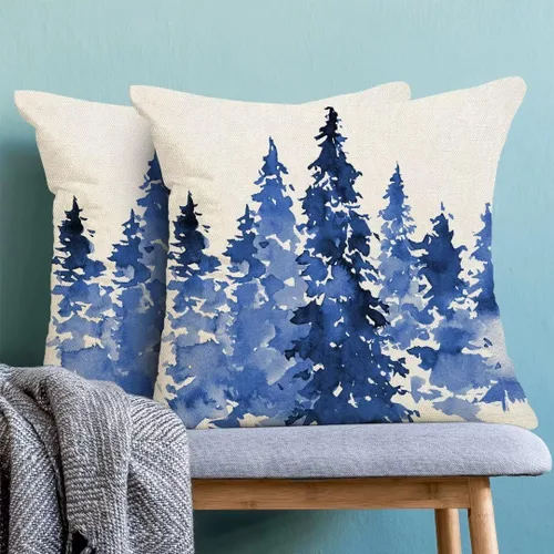 Vista 4 de AEIOAE - Juego de 2 fundas de almohada navideñas de 45.7 x 45.7 cm, decoración azul de árboles navideños, funda de almohada rústica de granja