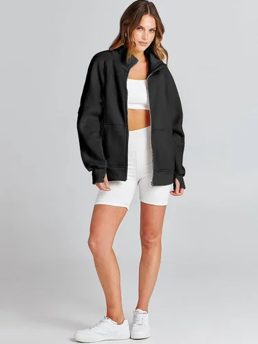 Vista 6 de Caracilia Sudaderas de gran tamaño para mujer, de manga larga, con cremallera, a la moda, a la moda, chamarras, ropa cómoda