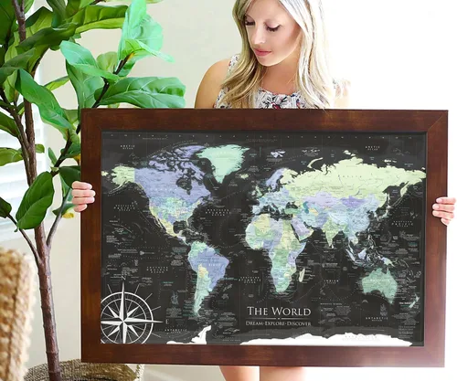 Vista 4 de GEOJANGO Mapa de viaje del mundo personalizado con alfileres, lienzo estirado de pared grande, póster enrollado o mapa enmarcado, mapa personalizado
