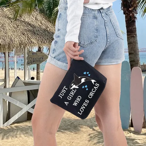 Vista 7 de LEVLO Divertida bolsa de cosméticos de ballena asesina, regalo para amantes de los animales, solo una chica que ama a las orcas maquillaje