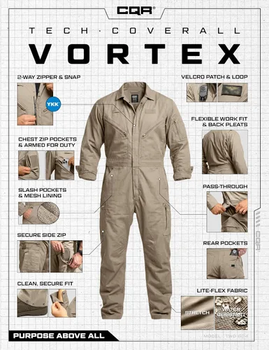 Vista 8 de CQR - Overol para hombre con manga corta, cremallera frontal, múltiples bolsillos, resistente a las manchas y a las arrugas Vortex Álamo Caqui
