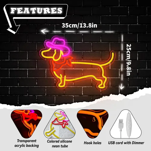 Vista 2 de Letrero de Neón de Dachshund para Decoración de Pared, Letrero de Perro de Neón, Lindo Cachorro con Sombrero de Vaquero, Letrero de Luz LED