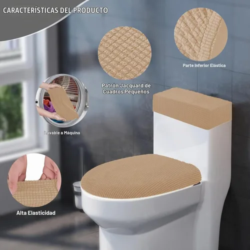 Vista 3 de Funda elástica para tapa de inodoro y funda para tanque de inodoro, juego de cubiertas elásticas para baño, tela de poliéster y elastano jacquard