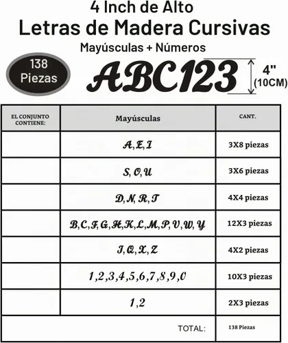 Vista 2 de 138 letras y números de madera de 4 pulgadas, letra cursiva de alfabetos de madera sin terminar para manualidades