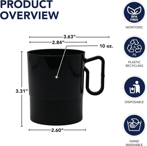 Vista 2 de Party Essentials Taza de café de plástico duro de 8 onzas con asa, 20 unidades, color negro bistró