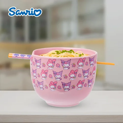 Vista 119 de Silver Buffalo Hello Kitty y sus amigos Chococat - Tazón de cerámica para ramen y arroz con palillos, patrón a cuadros, apto para microondas, 20