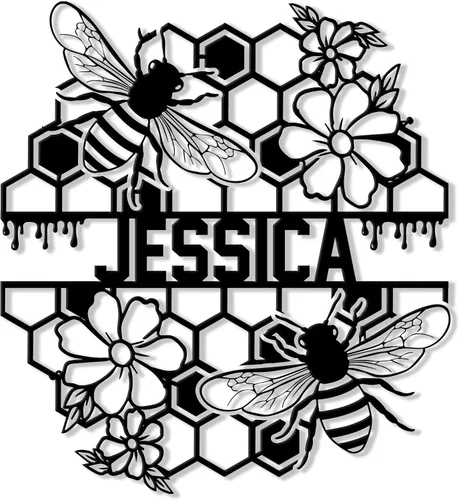 Vista 10 de Letrero de metal personalizado de abeja, cartel colgante de abeja de miel, porche de bienvenida al aire libre, valla de pared con nombre
