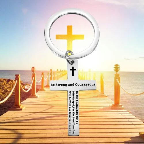 Vista 7 de Llavero cristiano Be Strong and Courageous Joshua 19 con versículo bíblico para perro, joyería religiosa