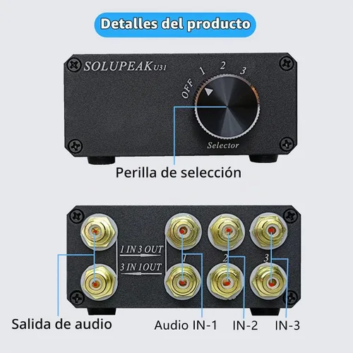 Vista 4 de U31 Premium RCA Switch Box, caja de conmutación de audio 3 en 1 salida, caja de conmutación estéreo con señal sin pérdida, carcasa de aluminio