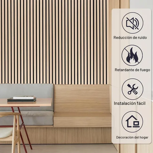 Vista 4 de Paquete de 2 Paneles de Pared de Acento con Acabado de Madera, Paneles Acústicos de Listones 3D para Estudio de Grabación, Oficina, Decoración Roble