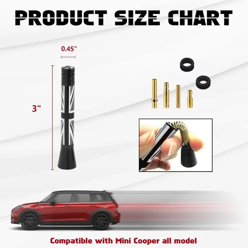 Vista 4 de x xotic tech Antena corta para automóvil con bandera de Union Jack compatible con Mini Cooper todos los modelos de 3 pulgadas (negro/gris)